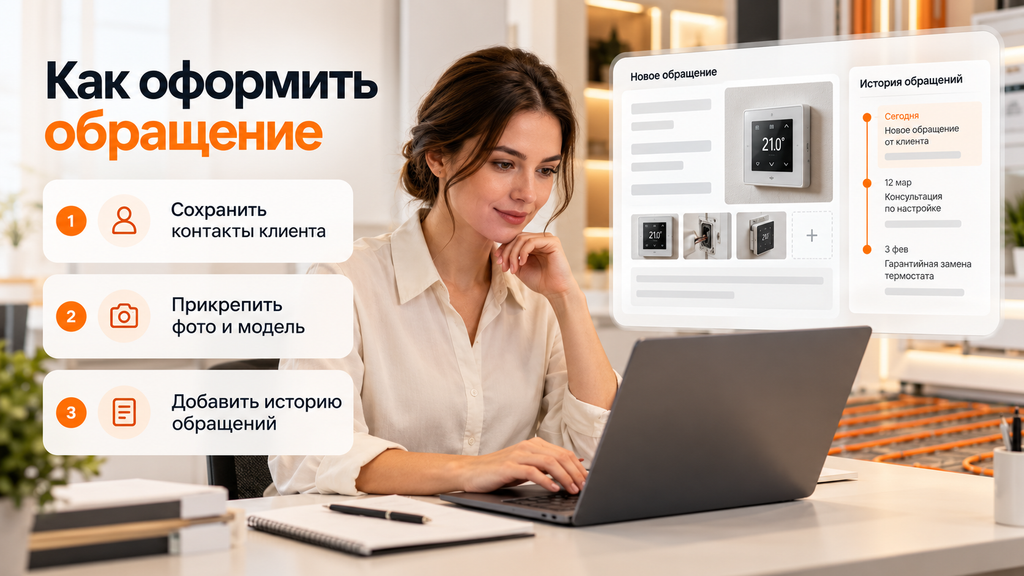 Сотрудница дилерского центра оформляет обращение клиента по терморегулятору тёплого пола, вносит контактные данные, модель устройства, фотографии и предыдущую историю обслуживания